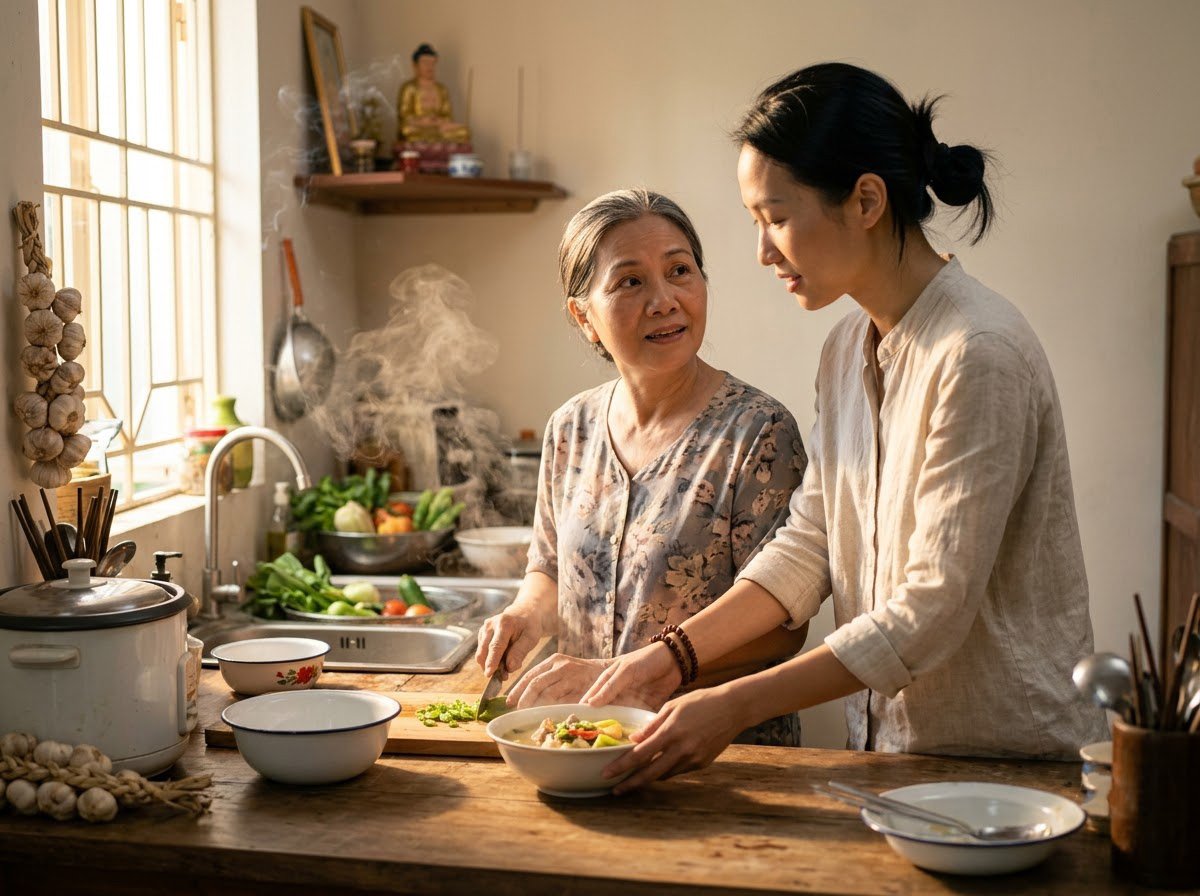 Người phụ nữ bưng bát canh mời mẹ trong gian bếp nhỏ, tàm quý là bù đắp bằng việc làm
