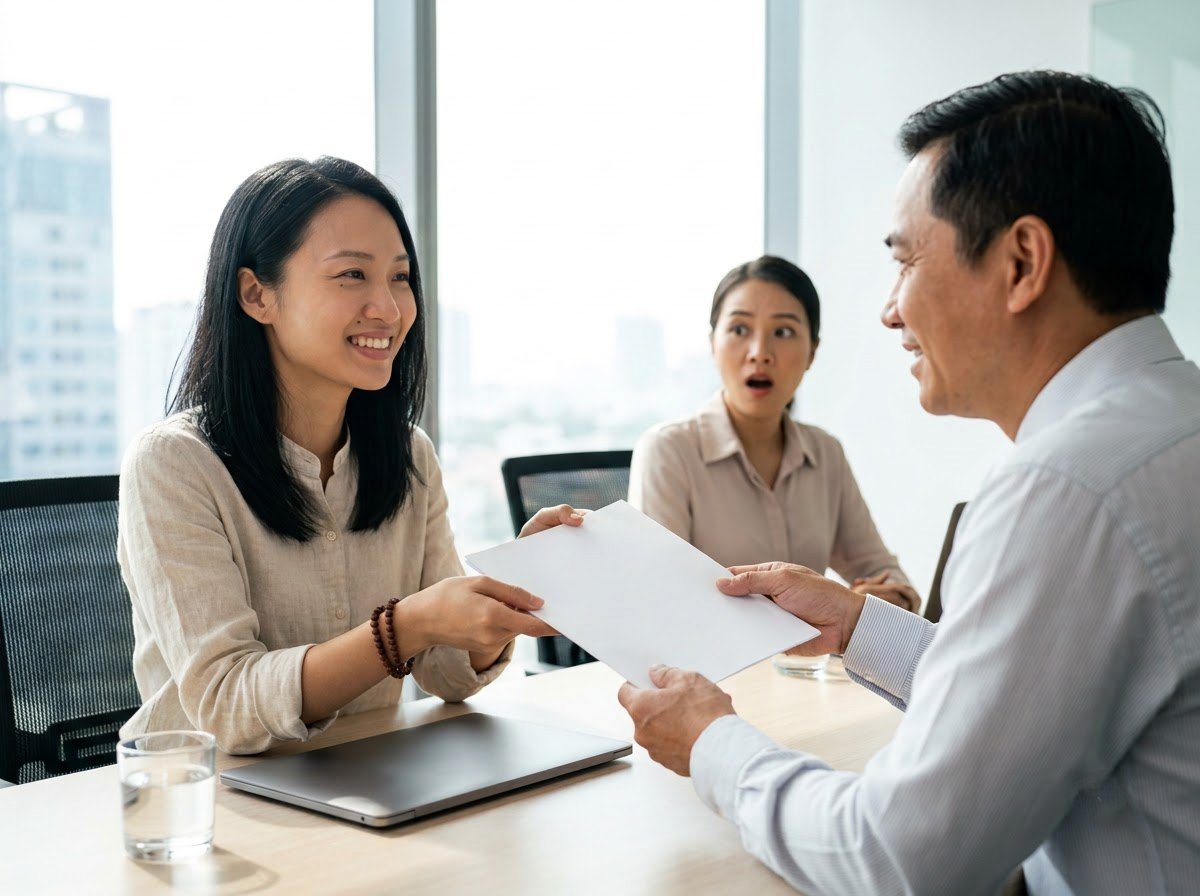 Bát Chánh Đạo: 8 Nhánh, 3 Nhóm Và Một Con Đường Để Sống Mỗi Ngày 3 Người bán hàng trao lại tiền thừa bằng hai tay với thái độ tử tế, chánh mạng trong Bát Chánh Đạo