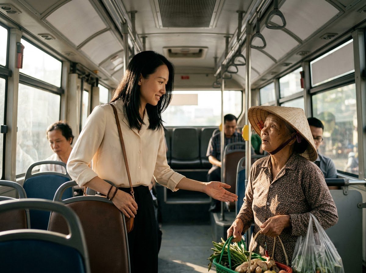 Bố Thí Là Gì? Cho Đi Không Phải Để Tích Phước, Mà Để Lòng Được Buông 3 Người phụ nữ trẻ nhường ghế cho cụ bà trên xe buýt, cách bố thí không cần tiền