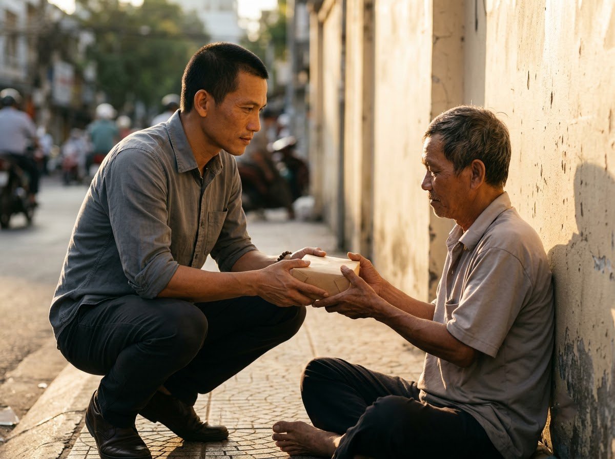 Bố Thí Là Gì? Cho Đi Không Phải Để Tích Phước, Mà Để Lòng Được Buông 1 Hai bàn tay trao hộp cơm cho người lao động bên đường, bố thí là gì trong đạo Phật