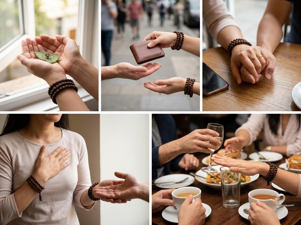 Năm hình ghép thể hiện năm giới: thả con nhện, trả ví nhặt được, nắm tay vợ chồng, đặt tay lên ngực nói thật, che ly không uống rượu