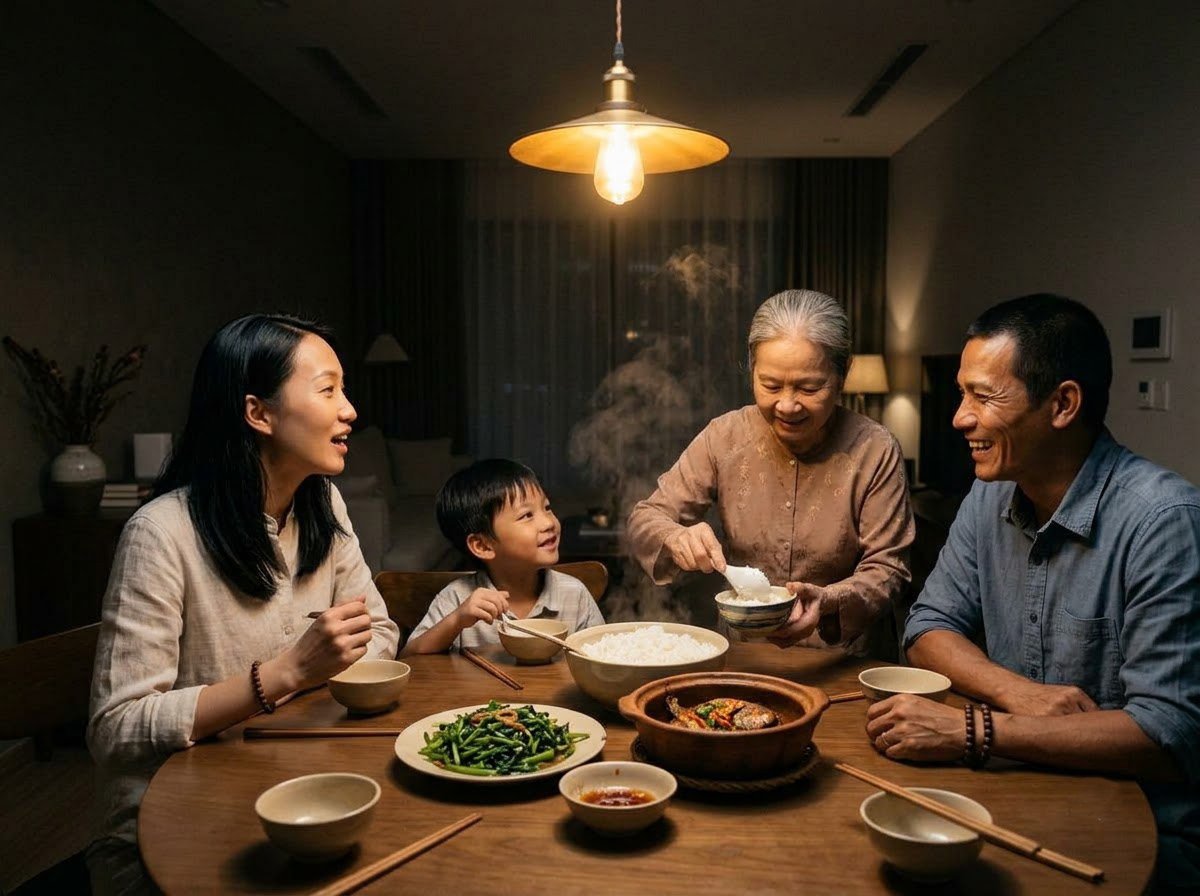 Gia đình Việt Nam ăn cơm tối cùng nhau trong không khí tin cậy, năm giới trong đời sống