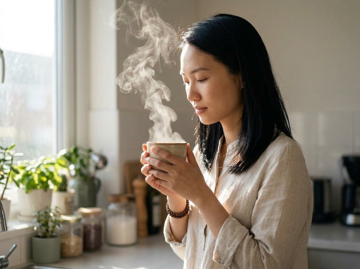 Người phụ nữ cầm tách trà buổi sáng với sự chú tâm, thực hành chánh niệm trong cuộc sống