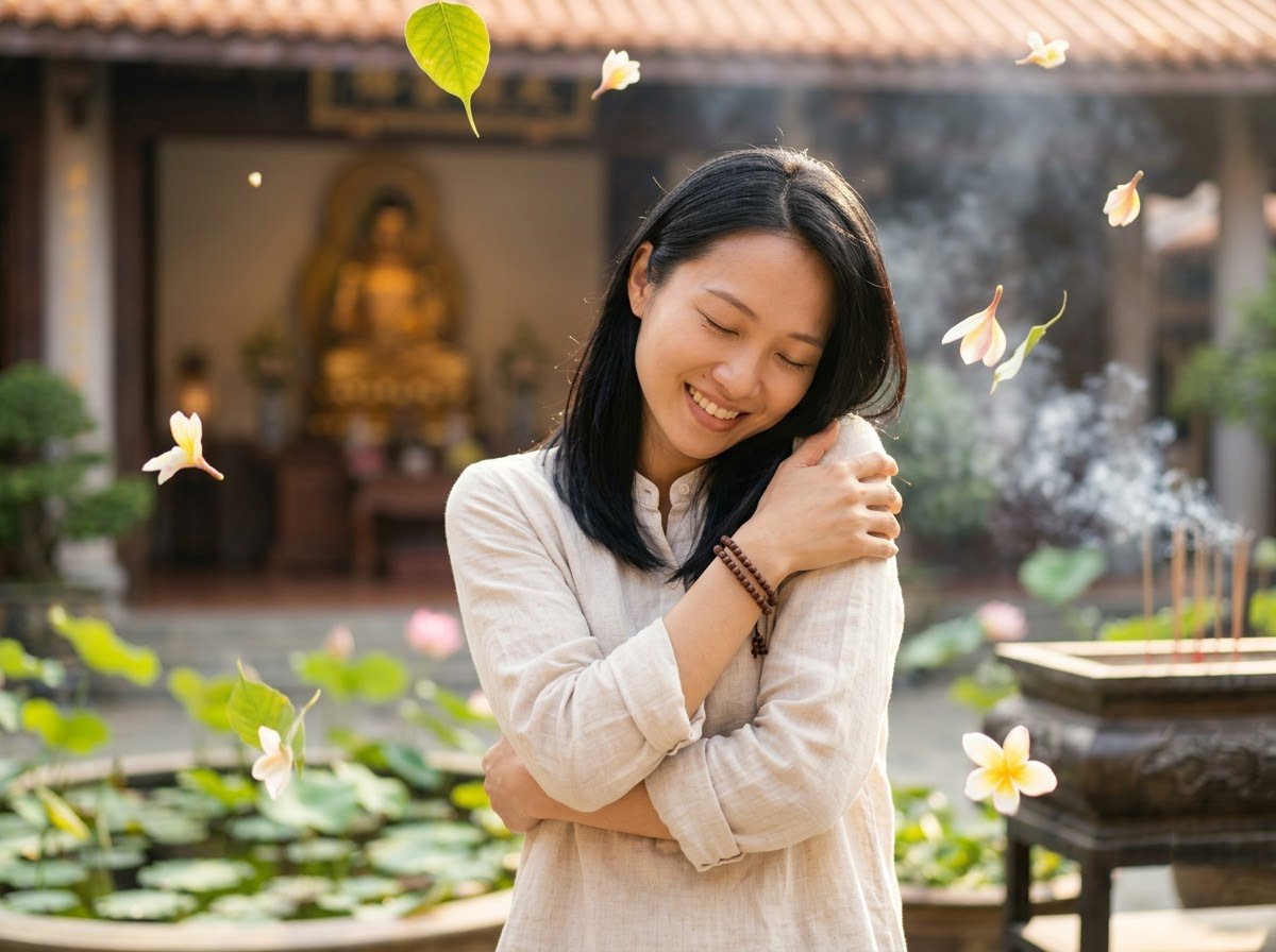 Người phụ nữ tự ôm lấy mình và mỉm cười hạnh phúc dưới cội bồ đề trong sân chùa, tâm từ bắt đầu từ chính mình
