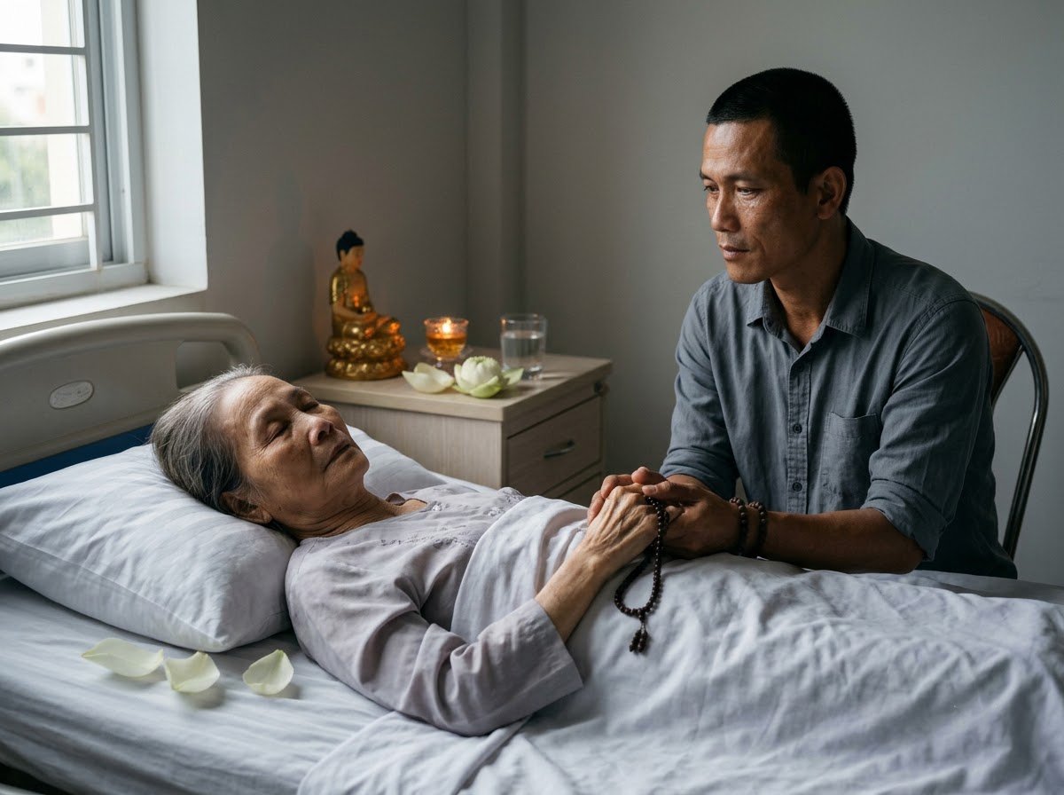 Niệm Chết: Nhìn Thẳng Sự Chết Và Mất Mát Để Sống Trọn Vẹn Hơn 1 Người đàn ông ngồi nắm tay mẹ đang nằm trên giường bệnh, bên cạnh tượng Phật nhỏ, niệm chết để sống trọn vẹn hơn