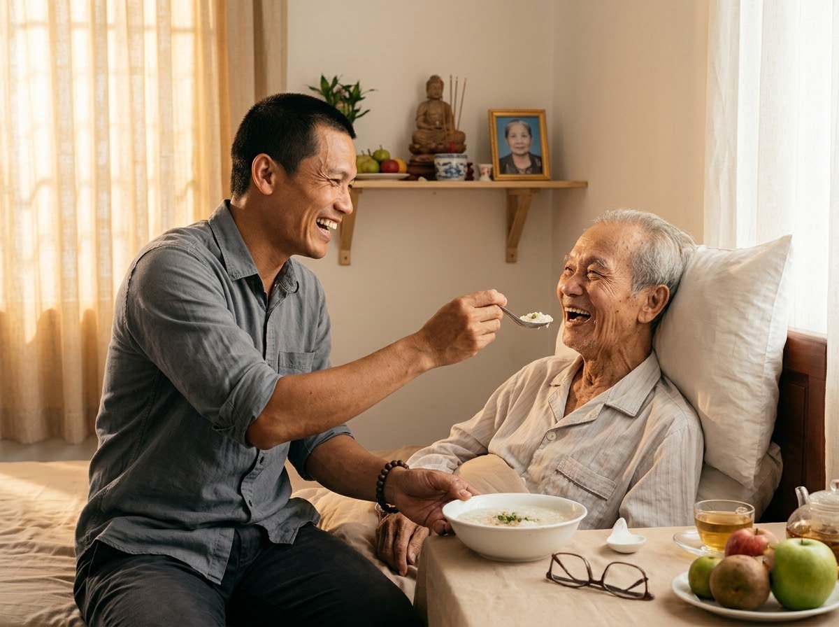 Niệm Chết: Nhìn Thẳng Sự Chết Và Mất Mát Để Sống Trọn Vẹn Hơn 3 Người đàn ông vừa đút cháo vừa cười cùng bố đang ốm, niệm chết để sống trọn vẹn hơn