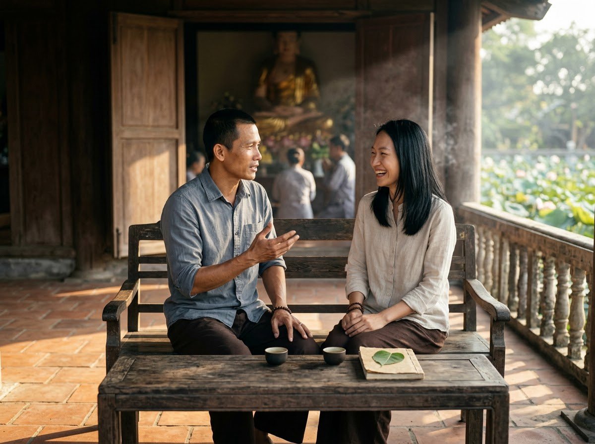 Hai người bạn đạo trò chuyện bên tách trà ở hiên chùa, Tăng bảo và thiện tri thức