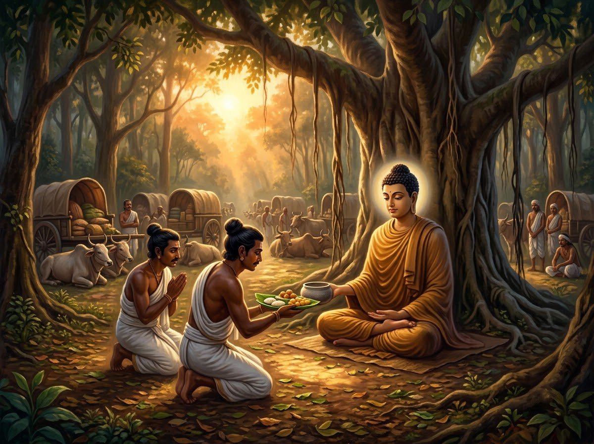 Hai thương nhân dâng bánh mật cho Đức Phật, những cư sĩ đầu tiên quy y, quy y Tam Bảo bắt đầu từ đâu