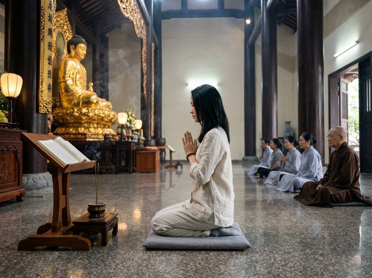 Người phụ nữ quỳ chắp tay giữa chánh điện, trước mặt là tượng Phật, quyển kinh và những người bạn đạo, quy y Tam Bảo