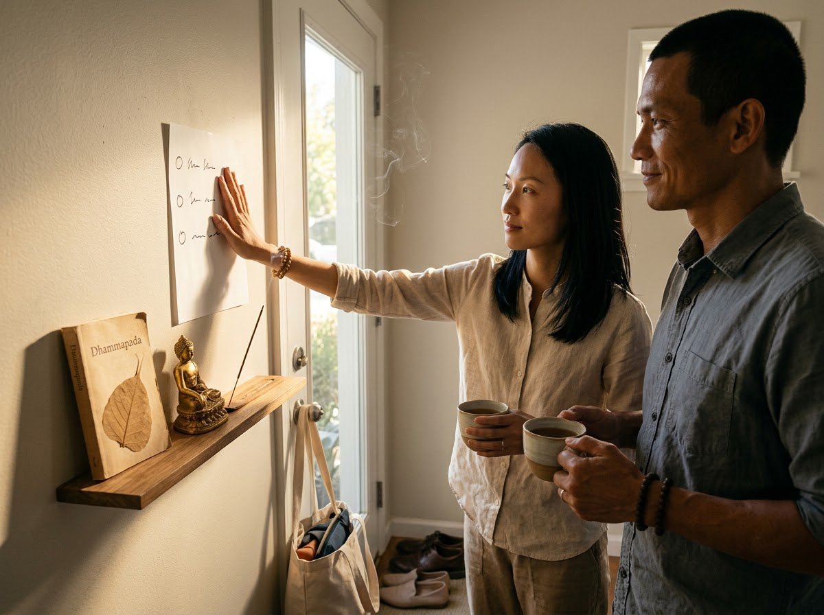 Hai người dán tờ cam kết ba dòng lên tường cạnh bàn thờ nhỏ, cam kết 30 ngày sau seri 21 ngày