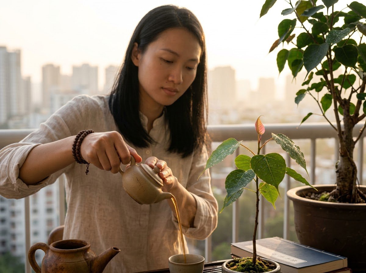 Người phụ nữ rót trà bên cây bồ đề non trên ban công lúc bình minh, tu tại gia bắt đầu từ việc nhỏ mà đều